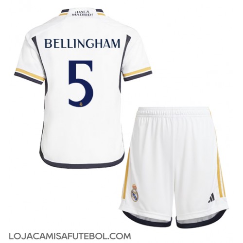 Camisa de Futebol Real Madrid Jude Bellingham #5 Equipamento Principal Infantil 2023-24 Manga Curta (+ Calças curtas)